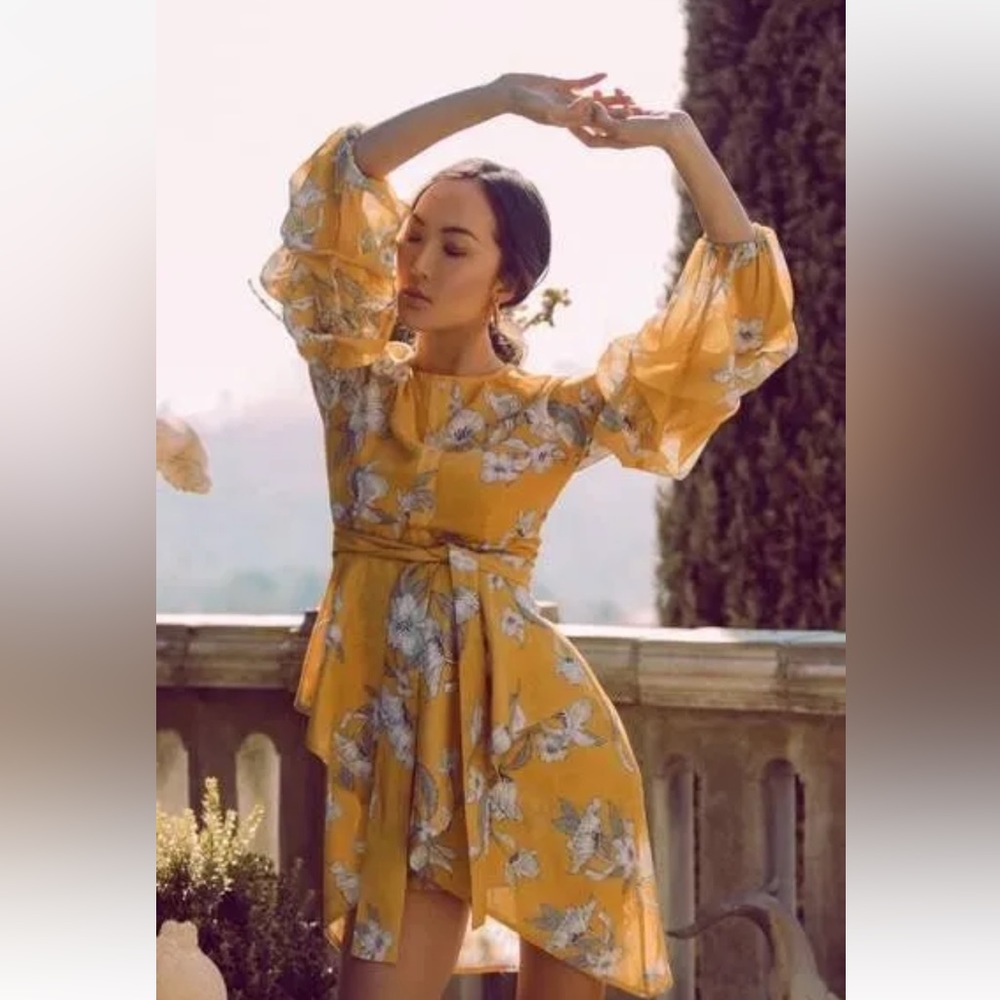 Chriselle x J.O.A. Tiered Puff Sleeve Yellow Minidress